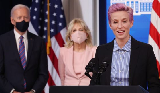 U.S. soccer player and activist Megan Rapinoe speaks at an Equal Pay Day event with President Joe Biden and first lady Jill Biden in Washington on March 24, 2021.