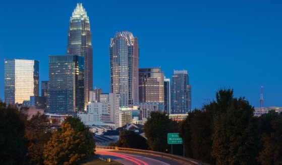 The Charlotte, North Carolina, skyline at dawn from Route 74.