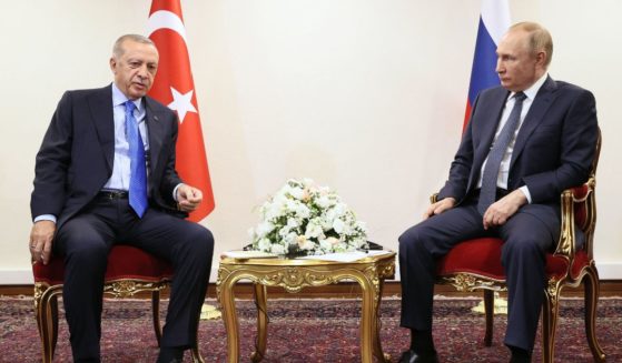 Russian President Vladimir Putin meets with Turkey's President Recep Tayyip Erdoğan in Tehran on Tuesday.