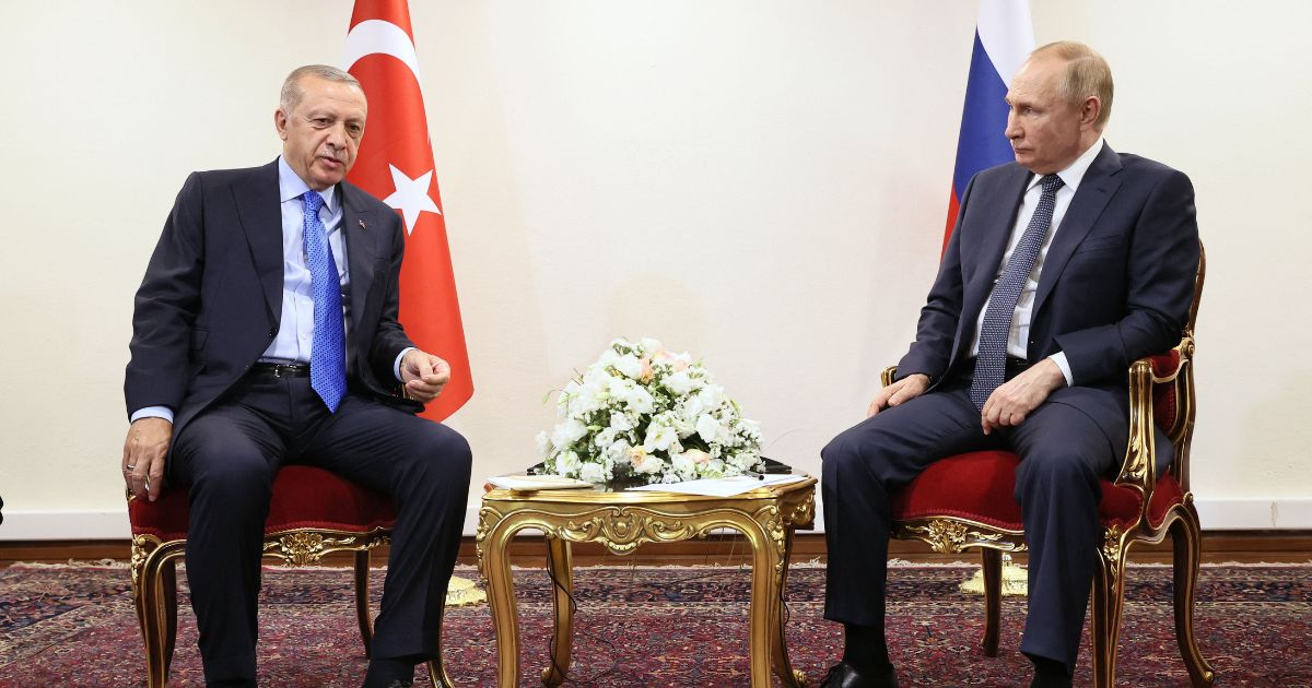 Russian President Vladimir Putin meets with Turkey's President Recep Tayyip Erdoğan in Tehran on Tuesday.