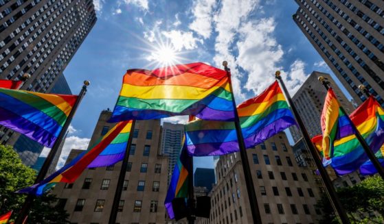 Rockefeller Plaza is decorated with rainbow flags on June 29 in New York City.