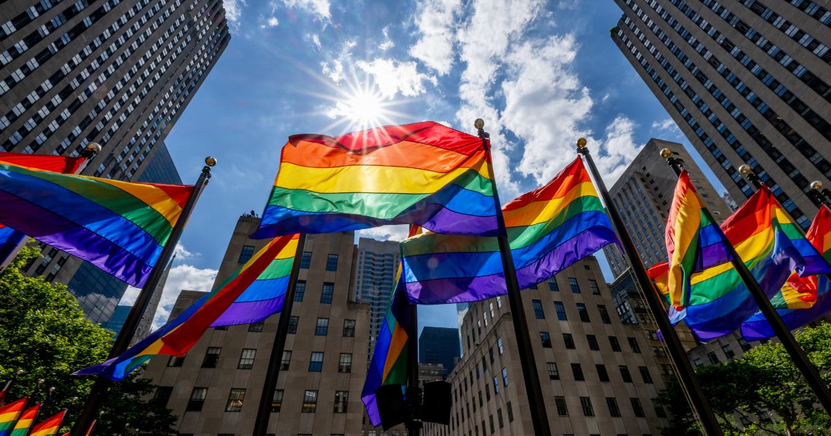 Rockefeller Plaza is decorated with rainbow flags on June 29 in New York City.