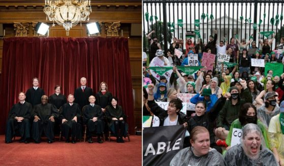 Supreme Court, left; pro-abortion protesters, right.