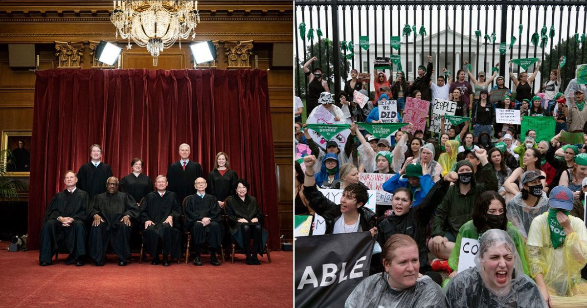 Supreme Court, left; pro-abortion protesters, right.