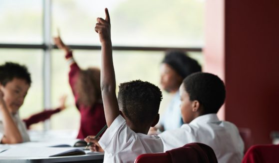 A student raises his hand in class in this stock image.