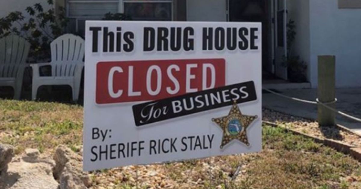 The Cleveland County Sheriff’s Office placed a sign outside of a house after a drug bust in Kings Mountain, North Carolina.