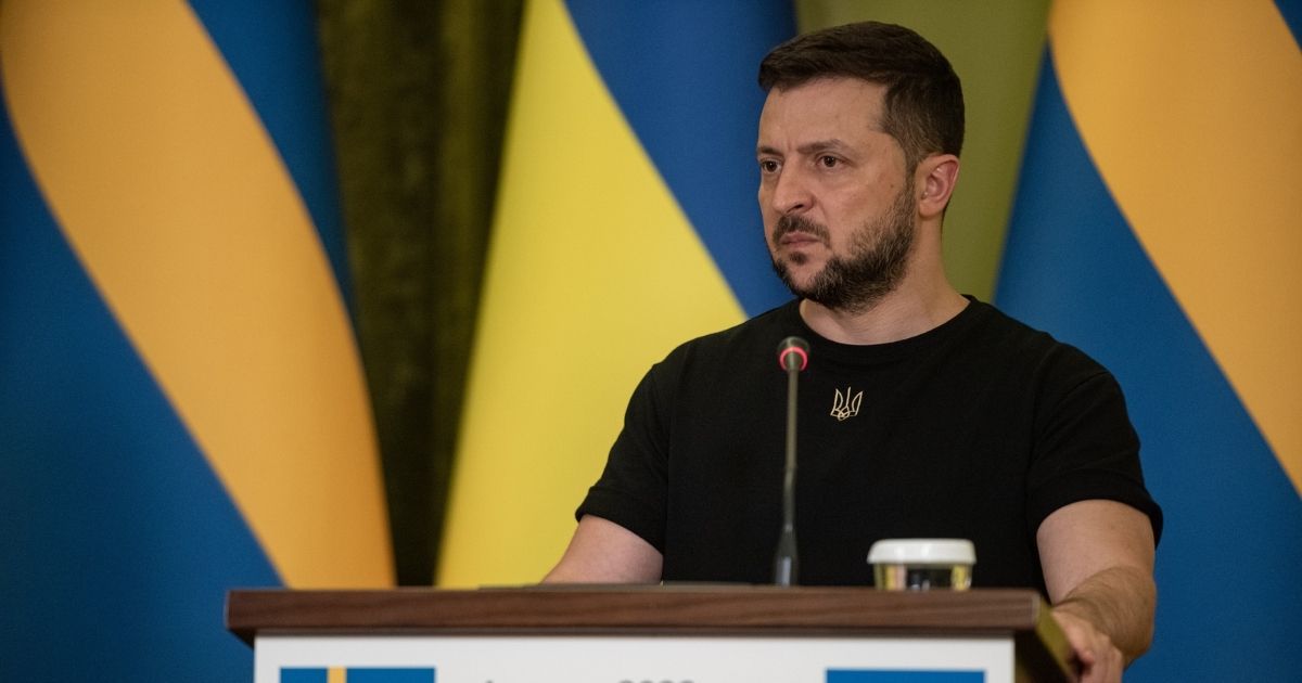 Ukrainian President Volodymyr Zelenskyy speaks during a joint news conference with Swedish Prime Minister Magdalena Andersson on Monday in Kyiv.