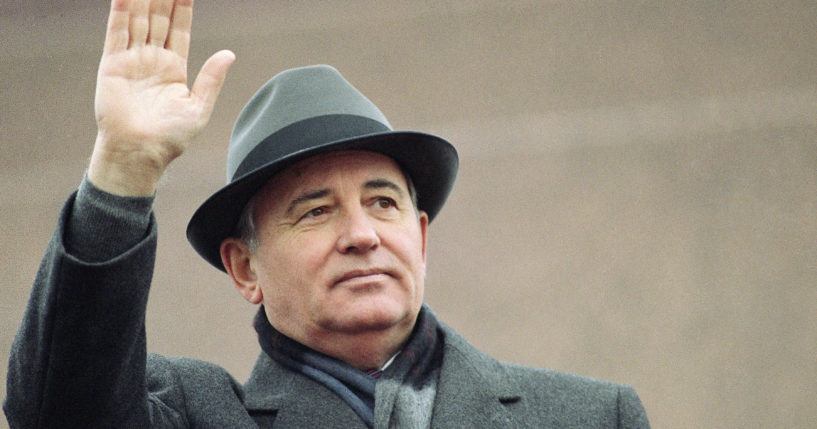 Soviet President Mikhail Gorbachev waves from the Red Square tribune during a Revolution Day celebration, in Moscow, Soviet Union, in a file photo from November 1989. Russian news agencies are reporting that former Gorbachev has died at 91.