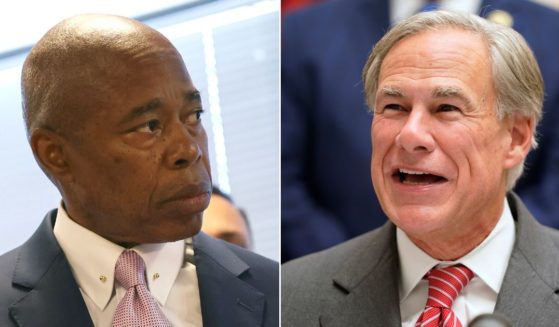 At left, New York Mayor Eric Adams is seen at a Brooklyn police facility on June 6. At right, Republican Texas Gov. Greg Abbott speaks in Tyler on Sept. 7, 2021.