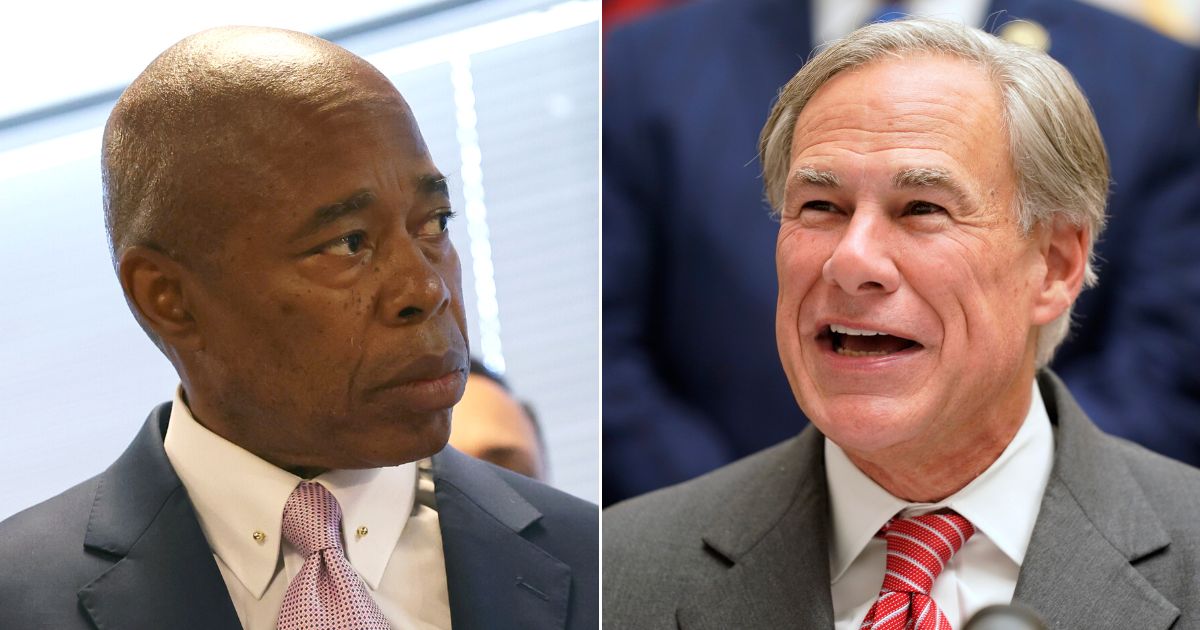 At left, New York Mayor Eric Adams is seen at a Brooklyn police facility on June 6. At right, Republican Texas Gov. Greg Abbott speaks in Tyler on Sept. 7, 2021.