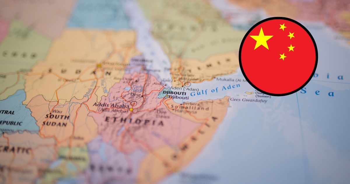 The Chinese flag is displayed over a map of Africa.