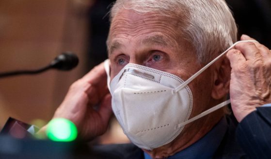 Dr. Anthony Fauci removes his mask during a Senate Appropriations Subcommittee on Labor, Health and Human Services, Education, and Related Agencies hearing on Capitol Hill in Washington, D.C., on May 17.