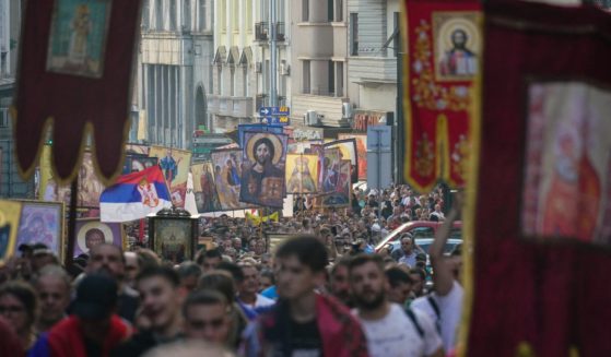 Orthodox Christians march in Belgrade, Serbia, on Sunday.