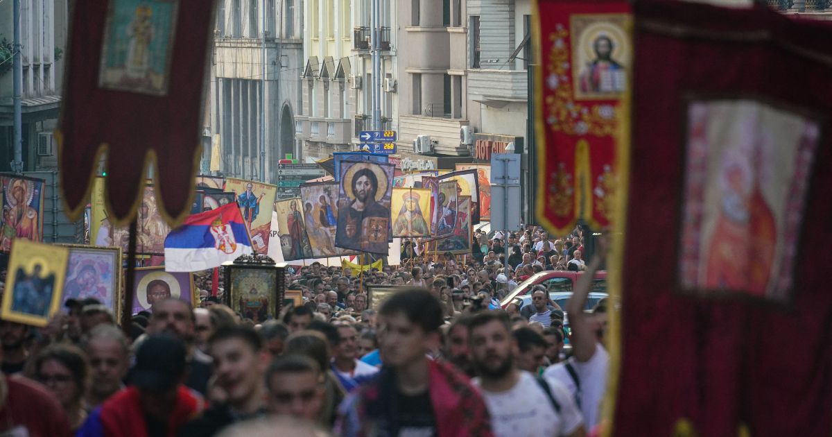 Orthodox Christians march in Belgrade, Serbia, on Sunday.