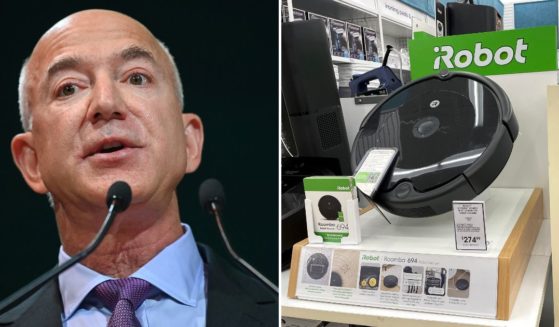 Technology in the iRobot OS, right, is used to create a map of the home that the vacuum is in, which has many speculating that Amazon and its founder Jeff Bezos', left, purchase of the iRobot was done so the company would have a deeper understanding of consumer's homes.