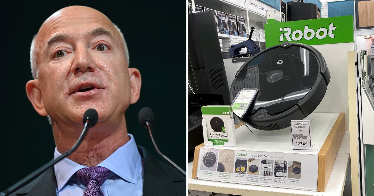 Technology in the iRobot OS, right, is used to create a map of the home that the vacuum is in, which has many speculating that Amazon and its founder Jeff Bezos', left, purchase of the iRobot was done so the company would have a deeper understanding of consumer's homes.