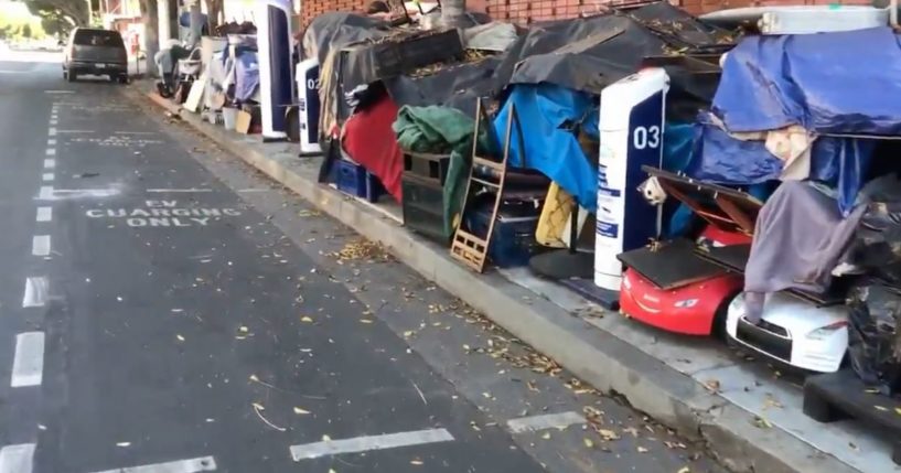 An entire group of charging stations in Los Angeles, California, were unable to be used last year as they were surrounded by piles of trash and items belonging to homeless people that had overtaken the street.