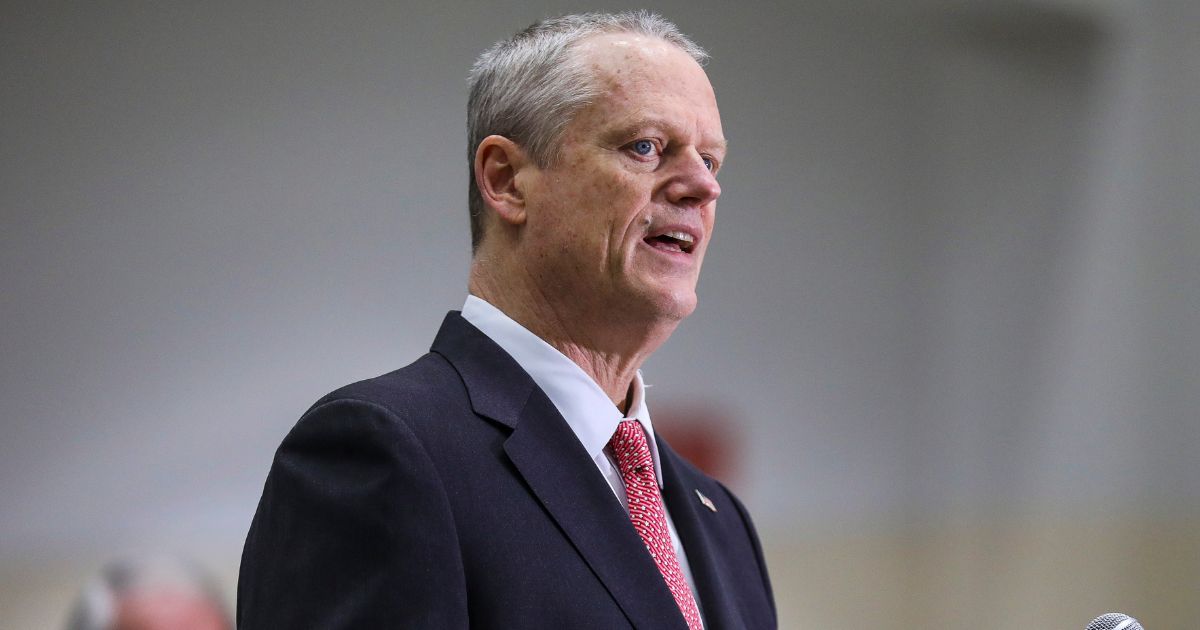 Republican Gov. Charlie Baker of Massachusetts gives a news conference at the Hynes Convention Center FEMA Mass Vaccination Site on March 30, 2021, in Boston, Massachusetts.