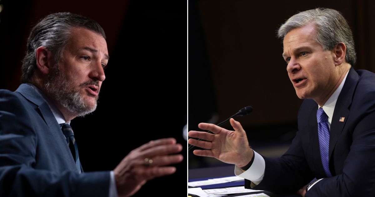 On Aug. 4, GOP Sen. Ted Cruz, left, questioned FBI Director Chrisopher Wray, right, over a leaked FBI document and speculated on the politicization of the bureau.