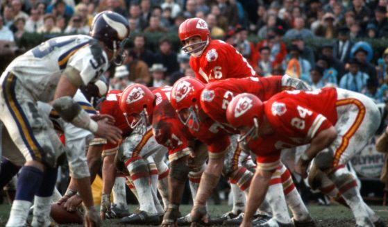 Len Dawson of the Kansas City Chiefs calls out the signals against the Minnesota Vikings during Super Bowl IV at Tulane Stadium in New Orleans on Jan. 11, 1970, which the Chiefs won, 23-7.
