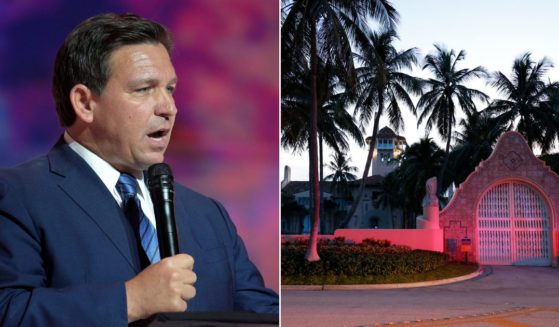 At left, Florida Gov. Ron DeSantis speaks during the Turning Point USA Student Action Summit in Tampa on July 22. At right, the entrance to former President Donald Trump's Mar-a-Lago estate in Palm Beach, Florida, is seen after an FBI raid of the property on Monday.