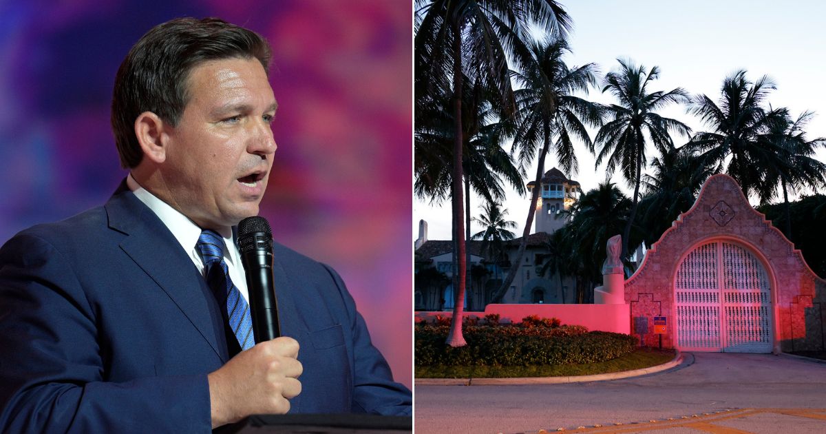 At left, Florida Gov. Ron DeSantis speaks during the Turning Point USA Student Action Summit in Tampa on July 22. At right, the entrance to former President Donald Trump's Mar-a-Lago estate in Palm Beach, Florida, is seen after an FBI raid of the property on Monday.