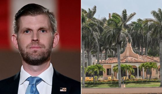 Eric Trump, left, spoke to the Daily Mail on Wednesday, describing Monday's FBI raid of his father Donald Trump's Mar-a-Lago estate, right, in Palm Beach, Florida.