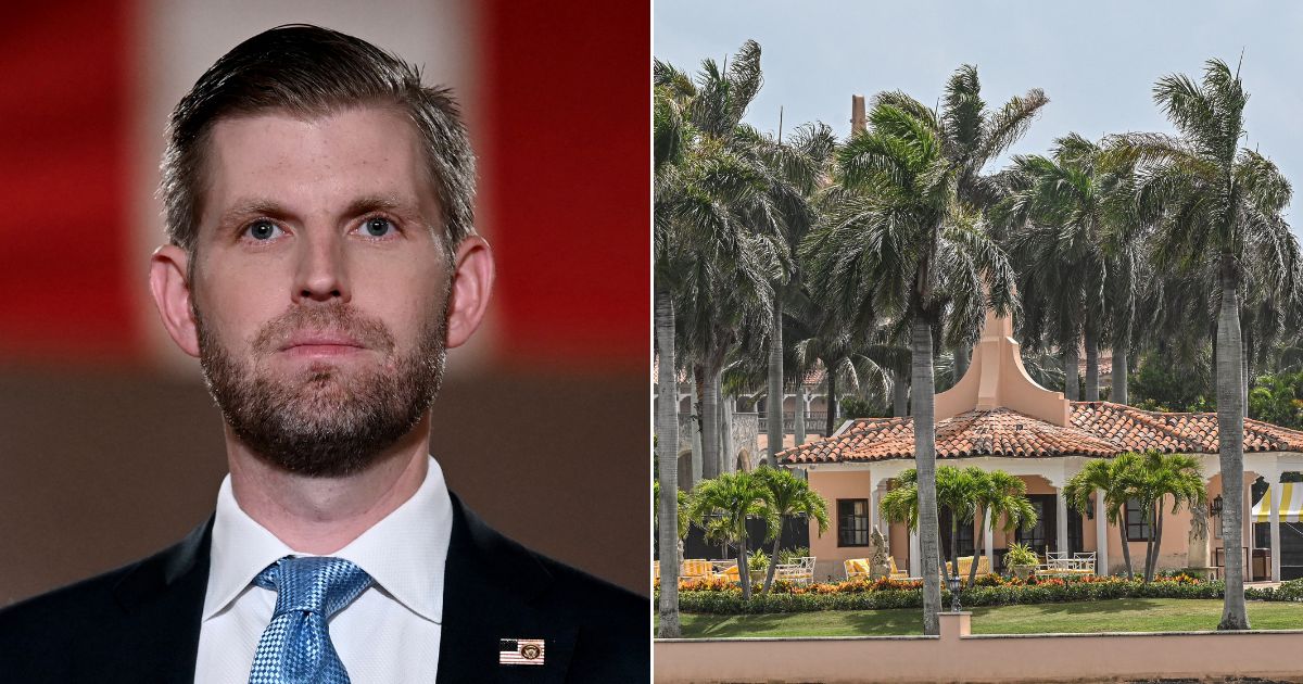 Eric Trump, left, spoke to the Daily Mail on Wednesday, describing Monday's FBI raid of his father Donald Trump's Mar-a-Lago estate, right, in Palm Beach, Florida.