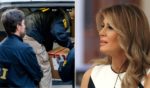 At left, FBI agents load a vehicle with evidence boxes taken from a property in New York on Oct. 19, 2021 At right, then-first lady Melania Trump participates in an event with students, teachers and school administrators in the East Room at the White House in Washington on July 7, 2020.