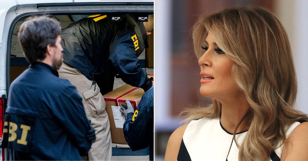 At left, FBI agents load a vehicle with evidence boxes taken from a property in New York on Oct. 19, 2021 At right, then-first lady Melania Trump participates in an event with students, teachers and school administrators in the East Room at the White House in Washington on July 7, 2020.