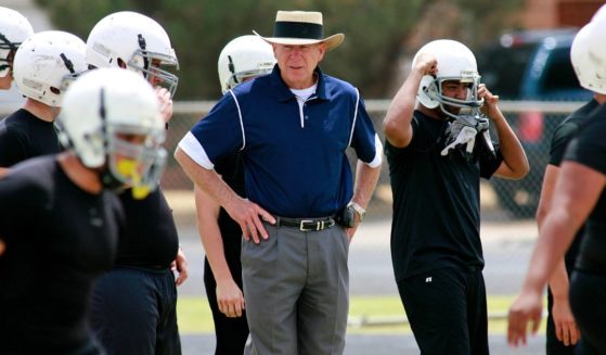 Coach Gary Gaines watches Odessa Permian football players work out in Odessa, Texas, on May 21, 2009.
