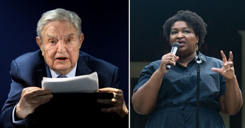 George Soros, left, speaks during the World Economic Forum's annual meeting in Davos, Switzerland, on May 24. Georgia gubernatorial candidate Stacey Abrams speaks on July 28 in Clayton, Georgia.