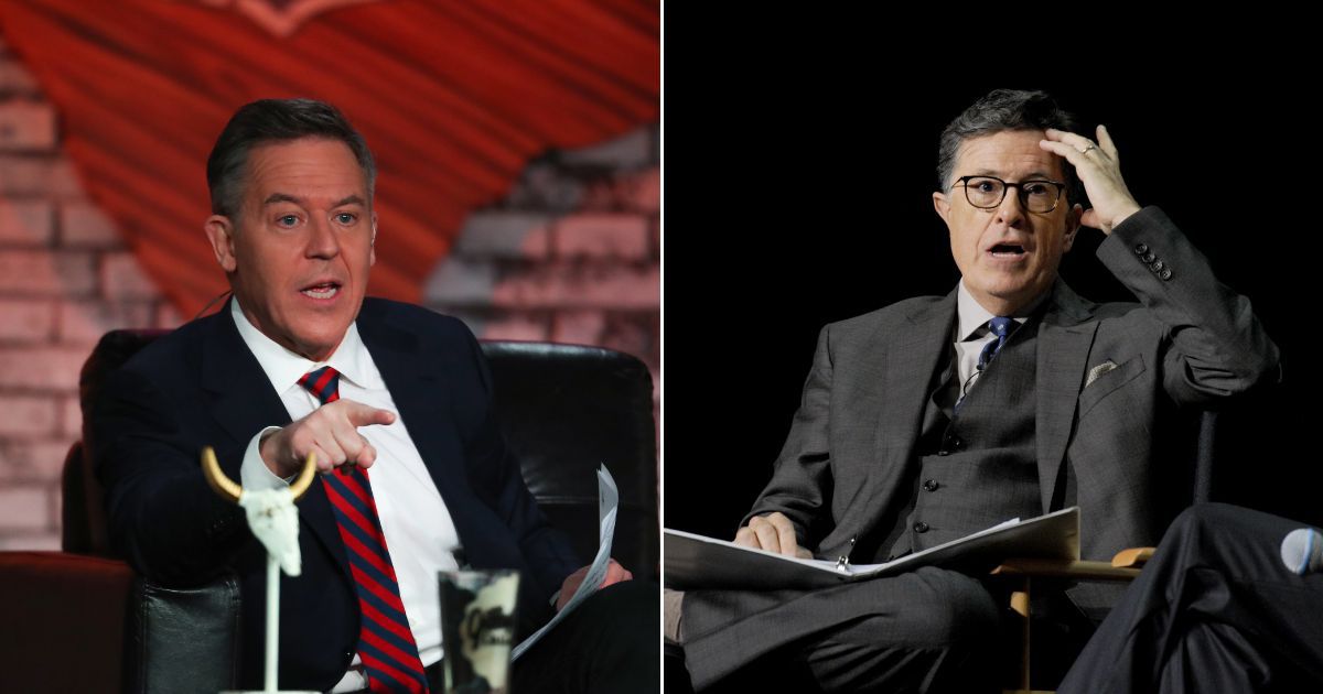Fox News host Greg Gutfeld, left, beats Stephen Colbert, right, in the late-night ratings.