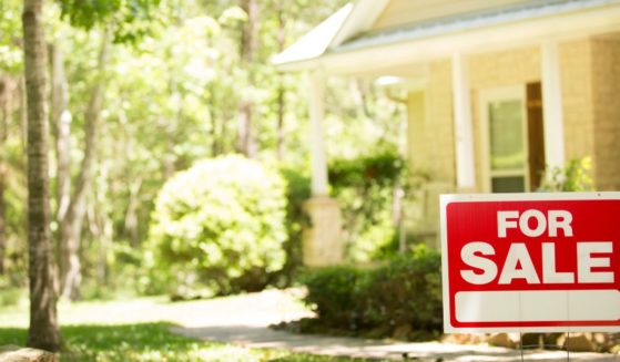 A home sits with a "For Sale" sign in front of it during the spring or summer season.