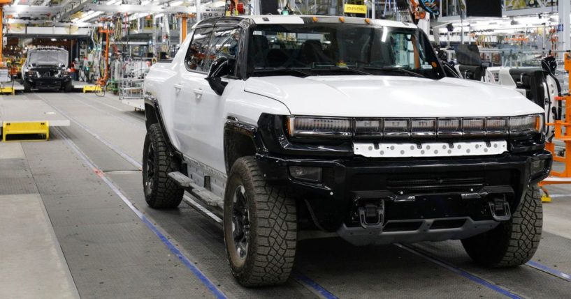 A GMC Hummer EV truck is shown at General Motors Factory Zero in August of 2021 in Detroit, Michigan.