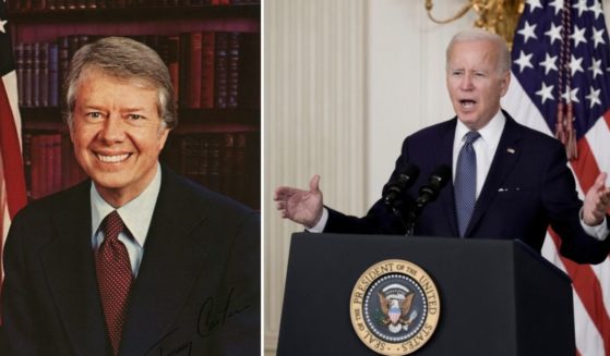 President Jimmy Carter, left, poses for a portrait circa 1980. President Joe Biden delivers remarks in the State Dining Room of the White House on Aug. 16 in Washington, D.C.