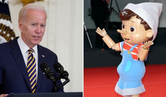 a collage featuring President Joe Biden on the left and and Pinnochio on the right