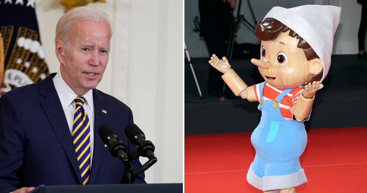 a collage featuring President Joe Biden on the left and and Pinnochio on the right