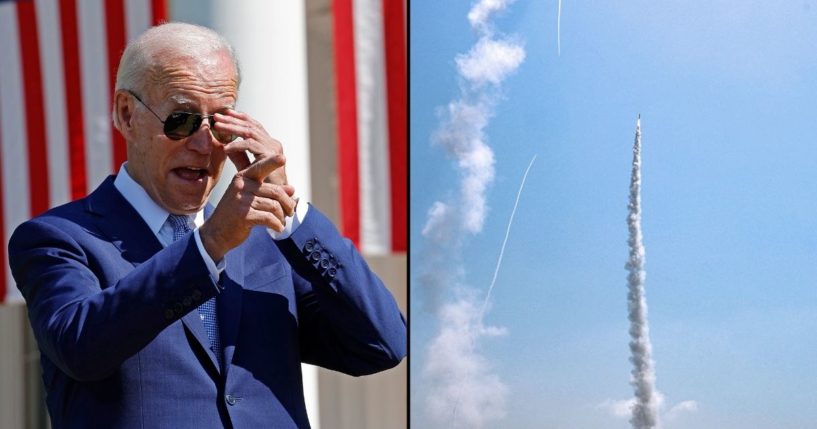 President Joe Biden attends a ceremony on the South Lawn of the White House on Tuesday in Washington, D.C. A missile is launched from a battery of Israel's Iron Dome defense system in Ashkelon in southern Israel on Saturday.