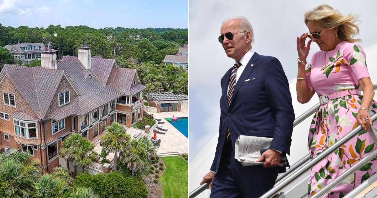 At right, President Joe Biden and first lady Jill Biden disembark Air Force One at Charleston Air Force Base in North Charleston, South Carolina, on Wednesday. The Bidens are spending most of the next week at a friend's mansion, left, on Kiawah Island.