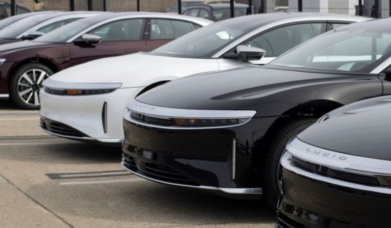 New Lucid Air electric cars are seen outside a Lucid showroom in Millbrae, California, on May 5.