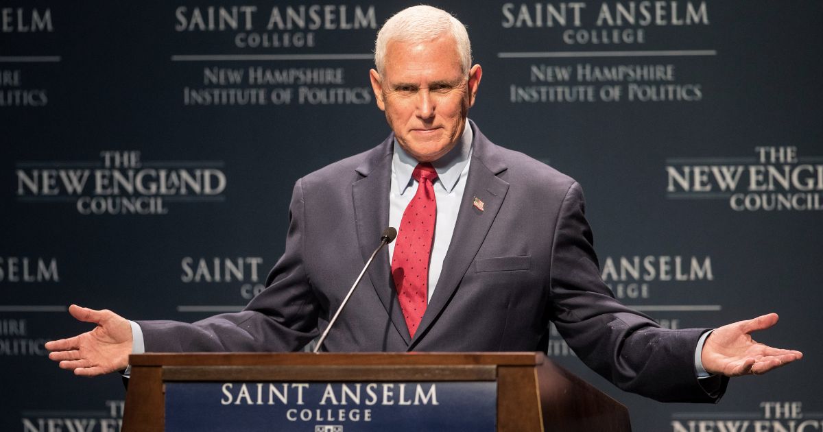Former Vice President Mike Pence speaks at "Politics & Eggs" at the New Hampshire Institute Politics at St. Anselm College on Wednesday.