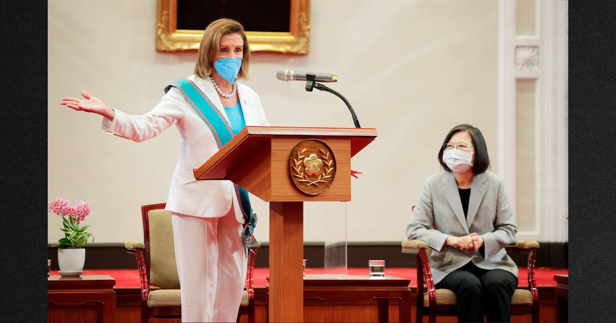 House Speaker Nancy Pelosi speaks during a meeting with Taiwanese President President Tsai Ing-wen, right, in Taipei, Taiwan, Wednesday.