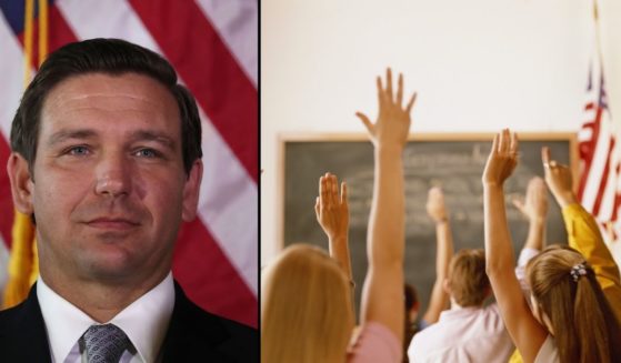 Gov. Ron DeSantis attends an event at the Freedom Tower on Jan. 9, 2019, in Miami, Florida. Students raise their hands in the stock image on the right.