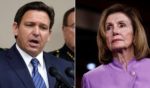 Florida Gov. Ron DeSantis, left, in an Aug. 4 file photo, took his show on the road Sunday to speak at a Phoenix, Arizona, rally on behalf of Republican gubernatorial candidate Kari Lake and GOP Senate candidate Blake Masters. He also took some shots at House Speaker Nancy Pelosi, right.