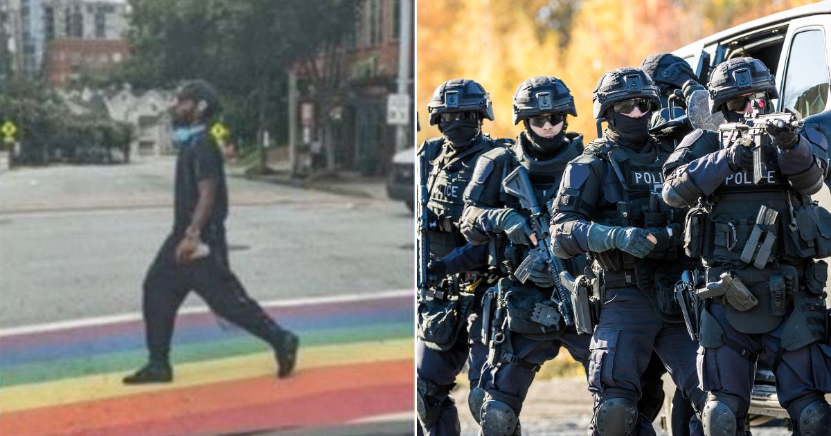 A man who allegedly painted a swastika on a rainbow flag crosswalk, left, in Atlanta, Georgia, was arrested by a SWAT team on Friday.