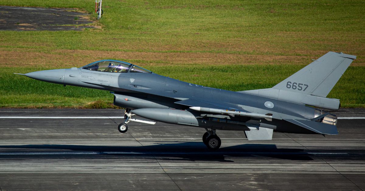 A Taiwanese F-16 fighter jet lands at Hualien Air Force Base on Saturday in Hualien, Taiwan.