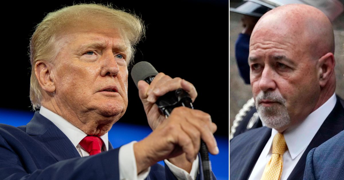 At left, former President Donald Trump speaks at the Conservative Political Action Conference at the Hilton Anatole in Dallas on Saturday. At right, former New York City Police Commissioner Bernard Kerik looks on during the "Tunnel to Towers" ceremony in New York on Sept. 11, 2020.