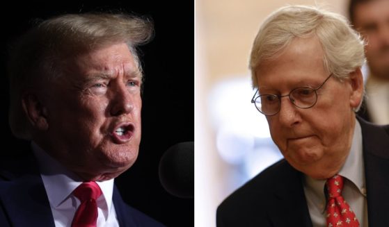 At left, former President Donald Trump speaks during a rally in Waukesha, Wisconsin, on Friday. At right, Senate Minority Leader Mitch McConnell walks to his office after speaking in the Capitol in Washington on Aug. 1.