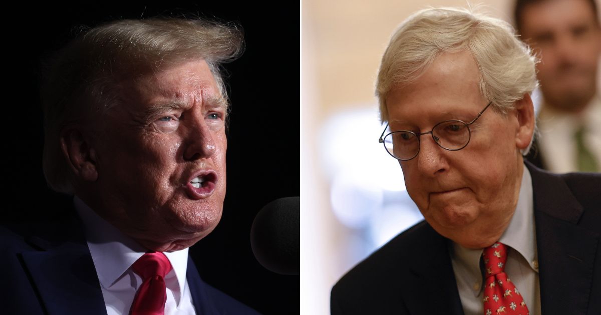 At left, former President Donald Trump speaks during a rally in Waukesha, Wisconsin, on Friday. At right, Senate Minority Leader Mitch McConnell walks to his office after speaking in the Capitol in Washington on Aug. 1.